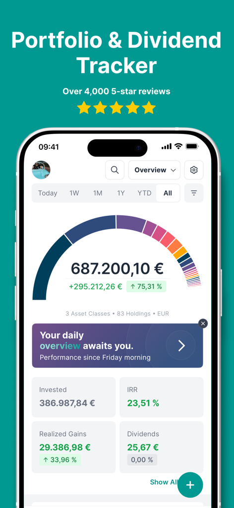 Parqet - Portfolio Tracker - Parqet App-Oberfläche mit Portfolio-Übersicht, Vermögensperformance-Kennzahlen und Dividenden-Tracking