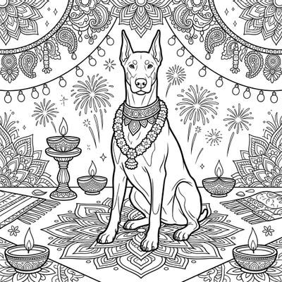 Unleash your creativity with this enchanting Doberman Pinscher coloring page, celebrating the vibrant festival of Diwali. Adorned with traditional garlands and surrounded by glowing diyas and dazzling fireworks, this design promises a joyful coloring experience for all ages.