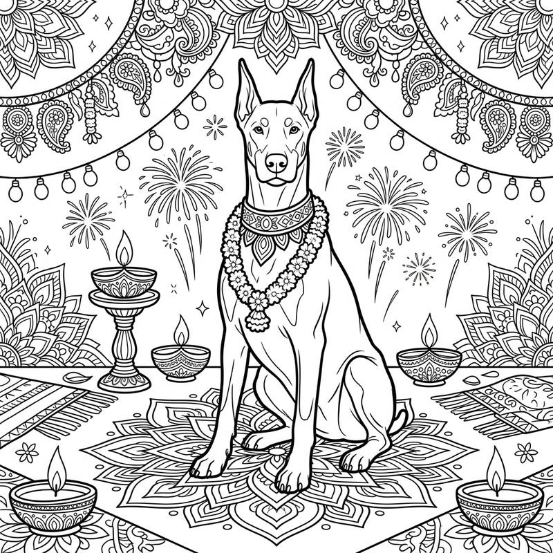 Unleash your creativity with this enchanting Doberman Pinscher coloring page, celebrating the vibrant festival of Diwali. Adorned with traditional garlands and surrounded by glowing diyas and dazzling fireworks, this design promises a joyful coloring experience for all ages.