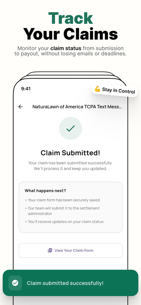 MoneyPilot: Class Action - Interfaz de la aplicación MoneyPilot que muestra una pantalla de confirmación de envío de reclamación