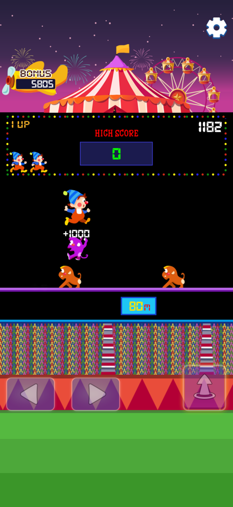 Ein Clown-Charakter springt in der Retro-Arcade-Spiel The Circus Clown Show über Affen auf einem Hochseil