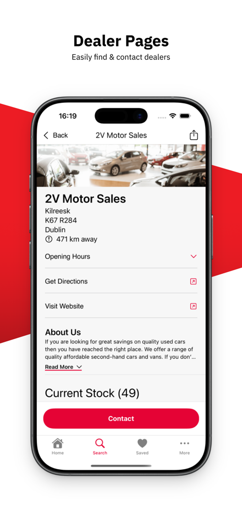 Screenshot of a car dealer profile on the CarsIreland app showing business details and vehicle inventory.