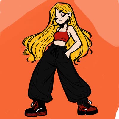 girl in baggy pants crop top and long hair