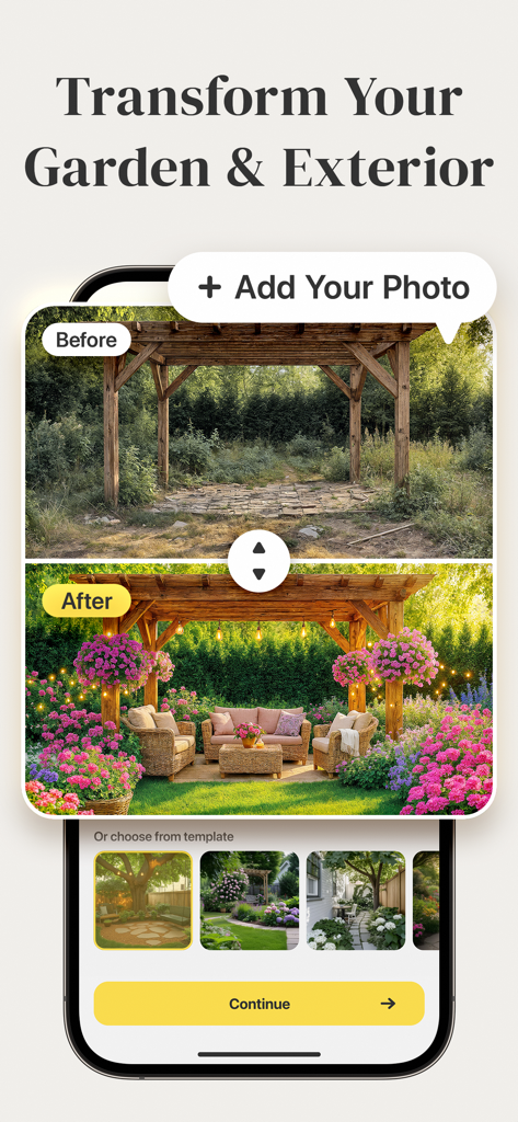 AI Home Design - Decorio - Before and after comparison of a garden pergola transformed into a cozy outdoor space using AI home design.