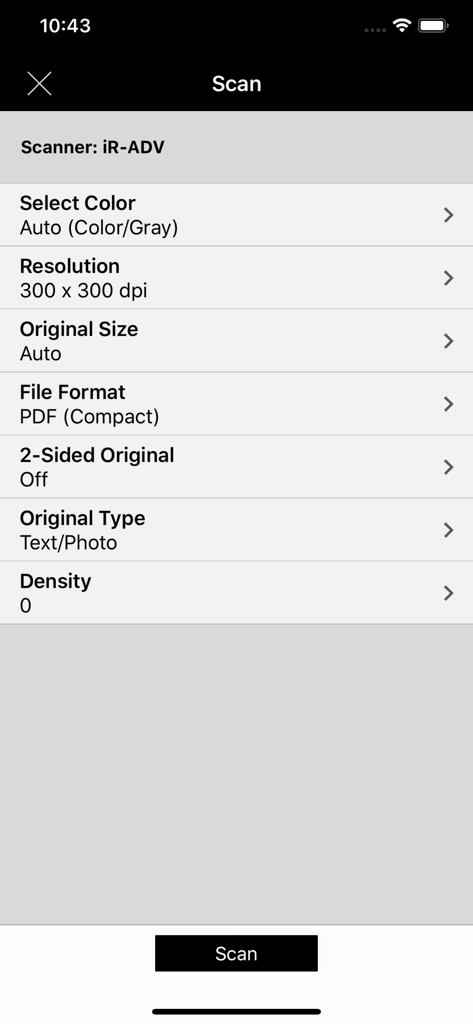 Scan settings interface on the Canon PRINT Business mobile application