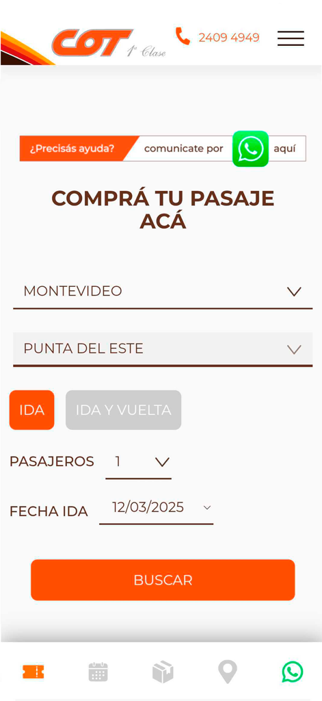 COT mobile app interface for searching and booking bus tickets between Montevideo and Punta del Este