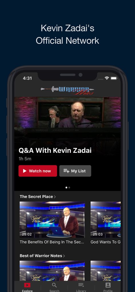 Warrior Notes TV mobile app interface showing spiritual video content and live streams by Kevin Zadai
