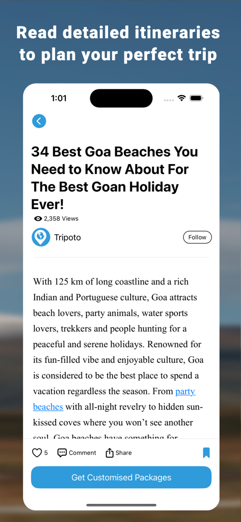 Tripoto mobile app screen showing a detailed community travel itinerary for beaches in Goa