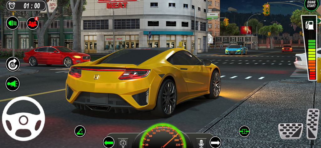 Real Car Driving 3D Car Games - Ein gelber Sportwagen fährt durch eine Stadtstraße in einem 3D-Autosimulator-Handyspiel.