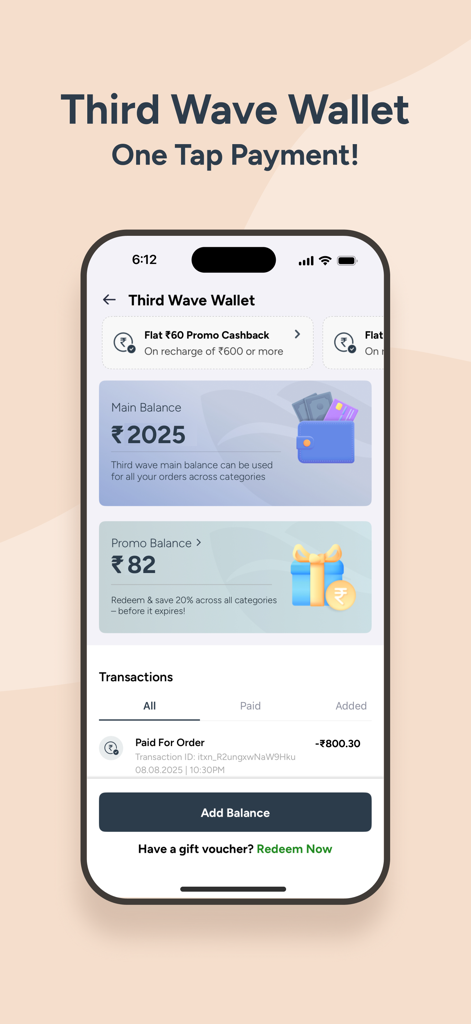 Interface of Third Wave Coffee app showing digital wallet balance and transactions
