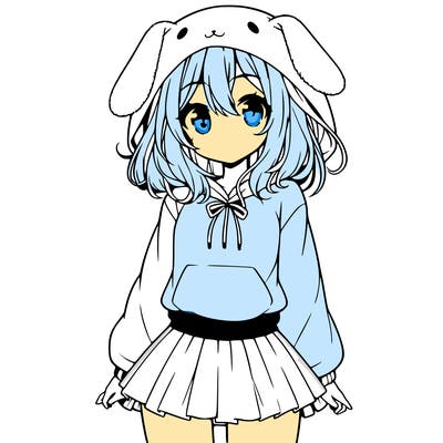pretty anime girl wearing a fluffy hoodie with bunny ears on the hood and a skirt