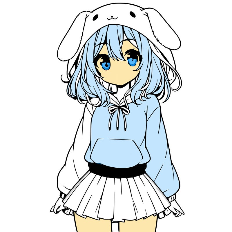 pretty anime girl wearing a fluffy hoodie with bunny ears on the hood and a skirt
