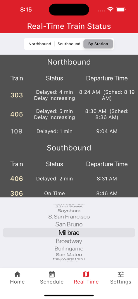 Caltrain Commuter - Caltrain Commuter app interface showing real-time northbound and southbound train status and delay trends for Millbrae station