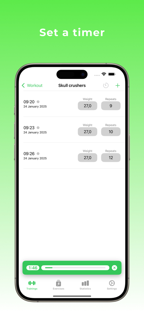GymTrack: Workout Tracker - Écran de suivi d'entraînement avec les séries enregistrées et une barre de minuteur de repos active