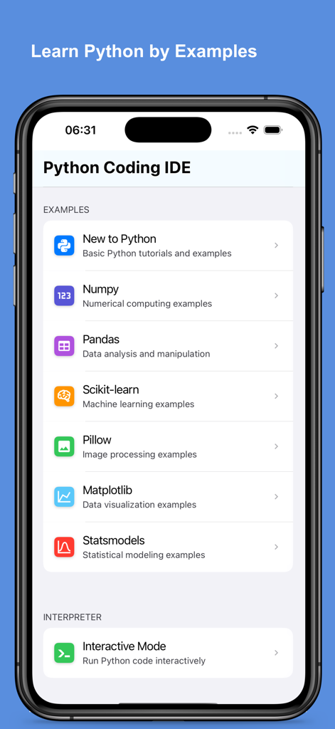 Python Coding IDE - Dashboard of Python Coding IDE showing learning modules for libraries like NumPy, Pandas, and Scikit-learn.