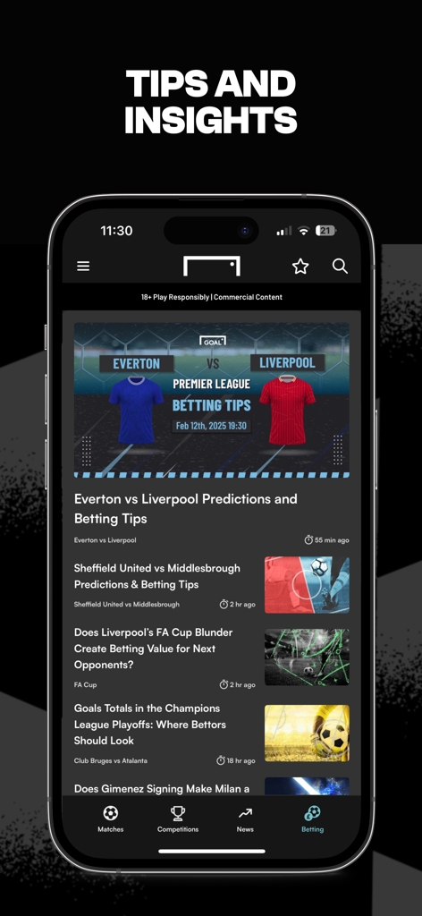 GOAL Live Scores - GOAL 라이브 스코어 앱 베팅 팁 및 통찰력 화면