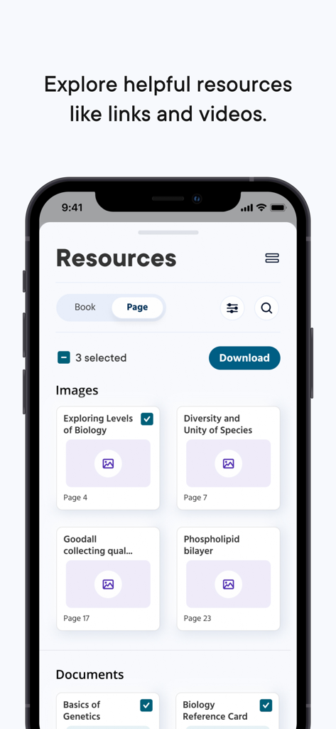 A smartphone screen displaying the Reader plus Resource Panel with biology study materials in a visual card view