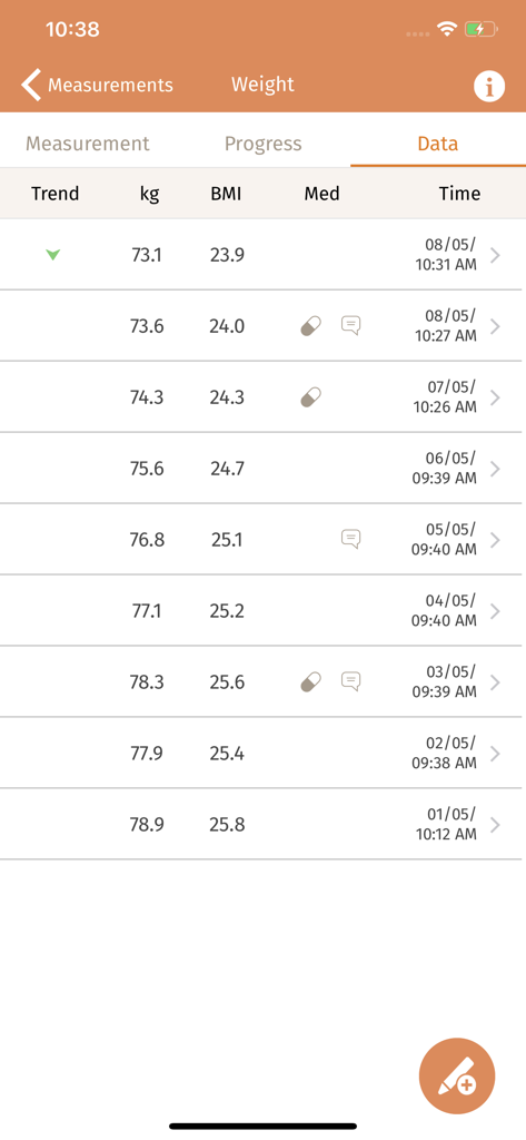 beurer HealthManager - A clinical table displaying weight history BMI and medication logs in the beurer HealthManager app