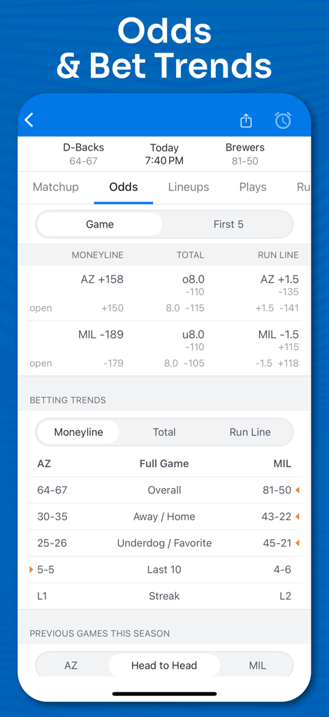 Ein mobiler App-Bildschirm, der MLB-Wettquoten und Team-Trends für ein Spiel zwischen den Diamondbacks und Brewers anzeigt.