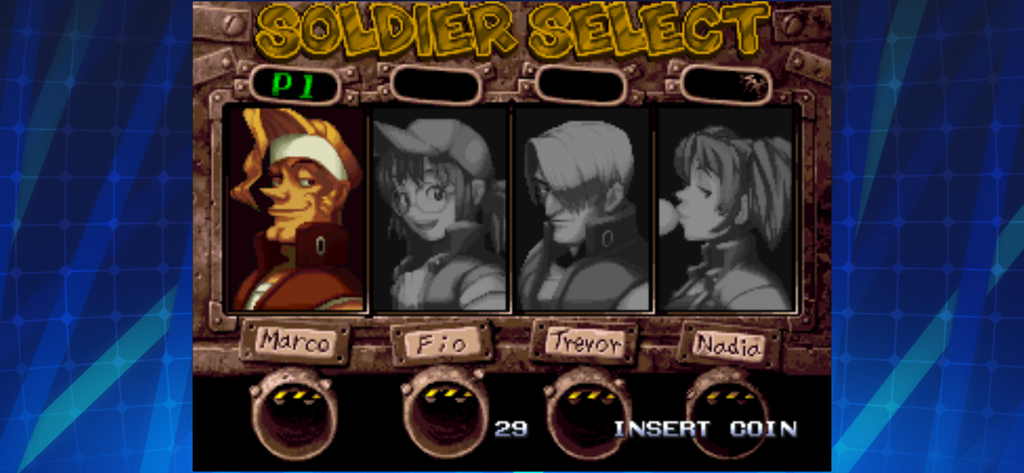 METAL SLUG 4 ACA NEOGEO - Character selection screen for Metal Slug 4 ACA NEOGEO with four selectable soldiers