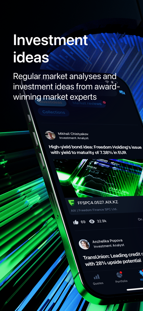 Interfaccia dell'app Freedom24 che mostra analisi di mercato e idee di investimento di esperti