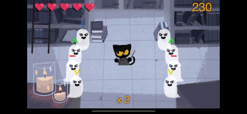 Doodle Halloween - Ghost Game - Un mago gato negro usando una varita mágica para luchar contra fantasmas blancos en un entorno de biblioteca.