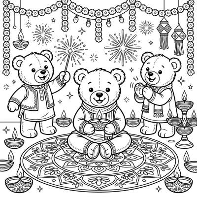 Join three charming teddy bears as they celebrate the vibrant Festival of Lights with diyas, sparklers, and intricate rangoli. This delightful coloring page captures the heartwarming spirit of Diwali, perfect for spreading festive cheer.