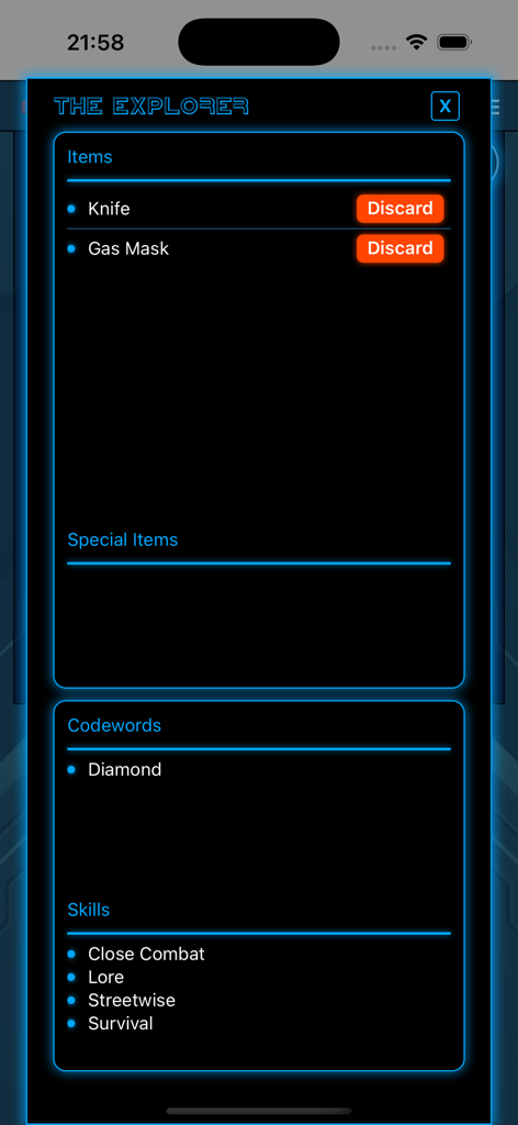 The Explorer character interface in Heart of Ice displaying items, codewords, and skills