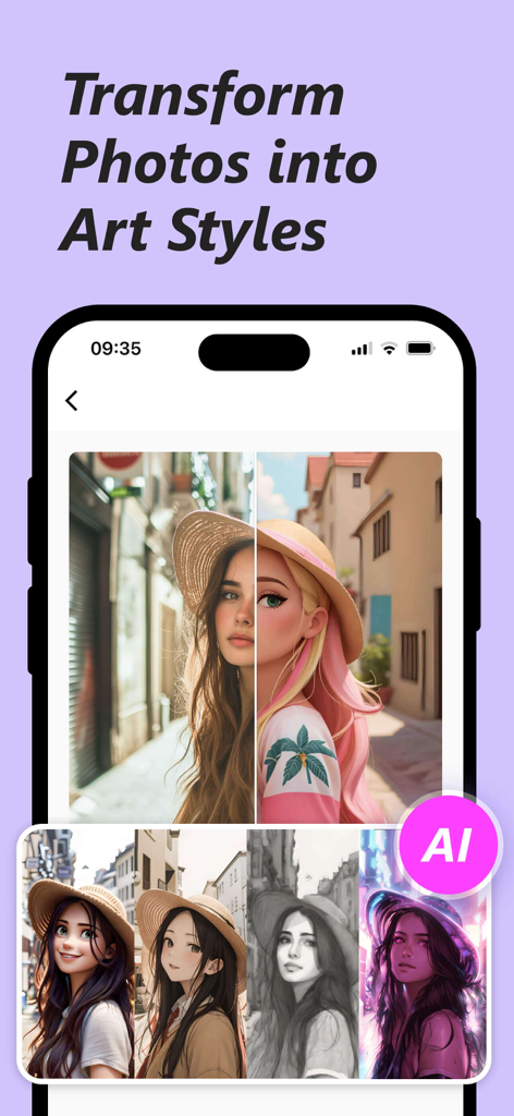 Picwand AI Photo Video Editor - Picwand app interface showing a photo transformed into various AI art styles including anime and sketches