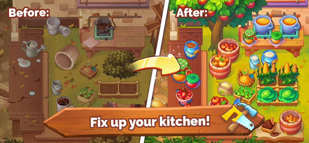 Farming Fever - Cooking game - Comparación de antes y después de un área de granja desordenada transformada en una cocina vibrante y productiva.