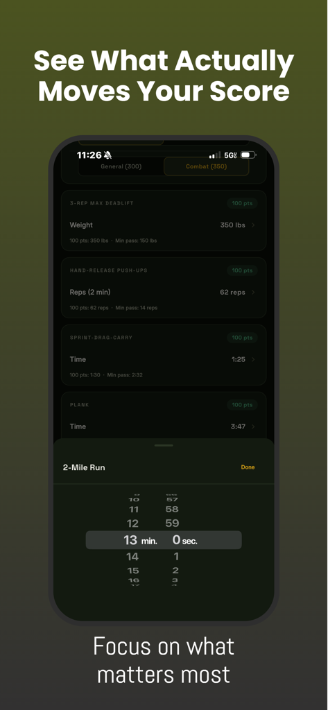 Army AFT Calculator 2026 - Mobile app screen displaying Army Fitness Test event scores and a 2-mile run time selector