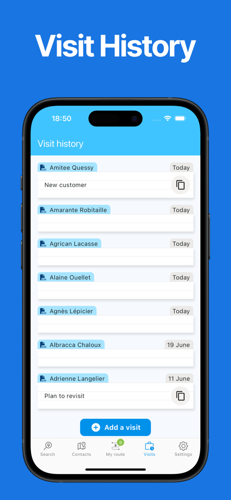 Route Optimizer - Easy Way - Route Optimizer app visit history screen showing a log of client names and dates.