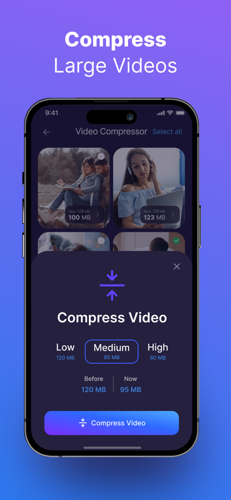 iPhone interface showing the video compression tool in the iCleanUp app with options for low medium and high quality settings