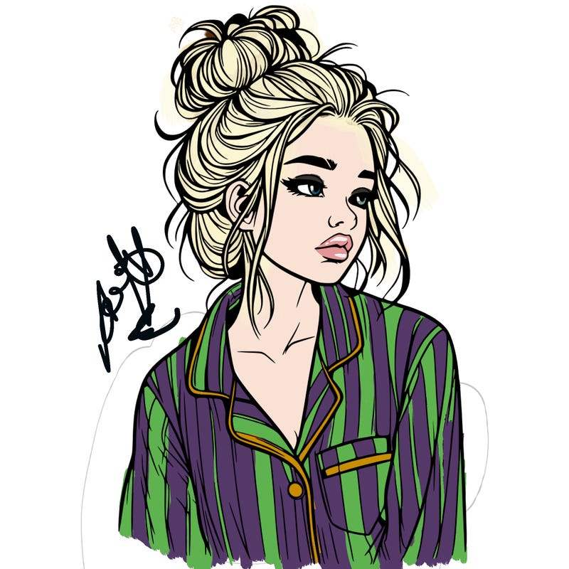 realistic woman with pajamas on and a messy bun