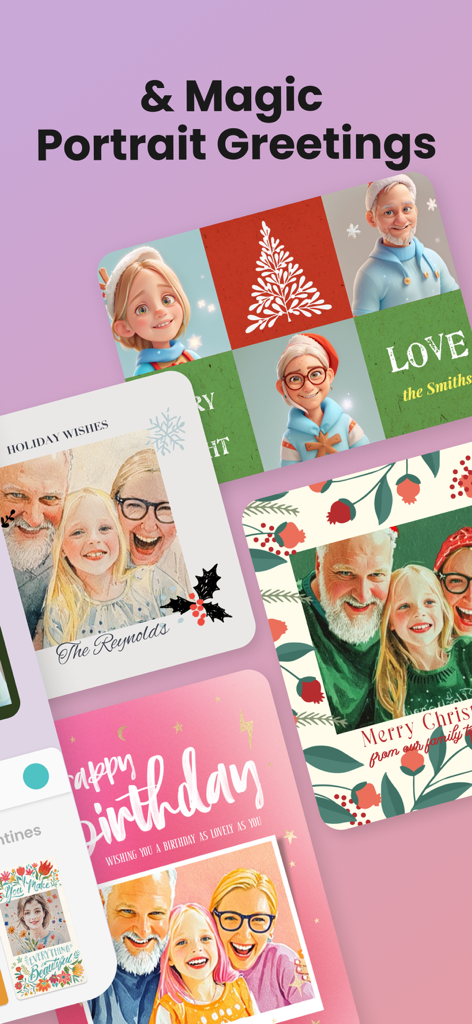 ホリデーや誕生日のためのカスタマイズ可能なAIグリーティングカードデザイン。