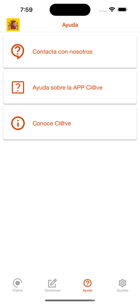 Tela do menu de Ajuda do aplicativo Clave fornecendo informações de contato e links de suporte para os usuários.
