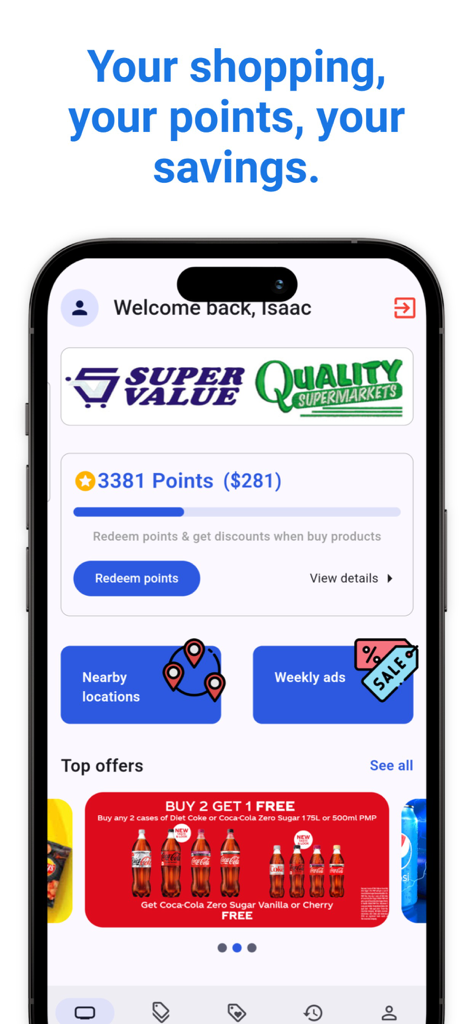 Super Value FS - Super Value FS app dashboard showing loyalty points and weekly grocery deals