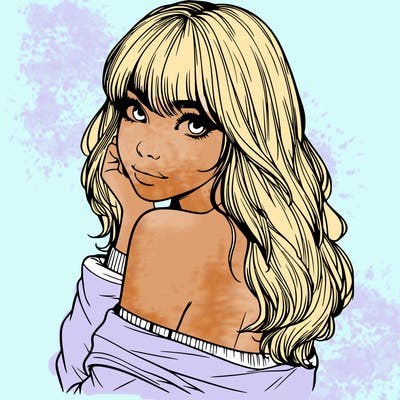 realistic girl with bangs looking over her shoulder