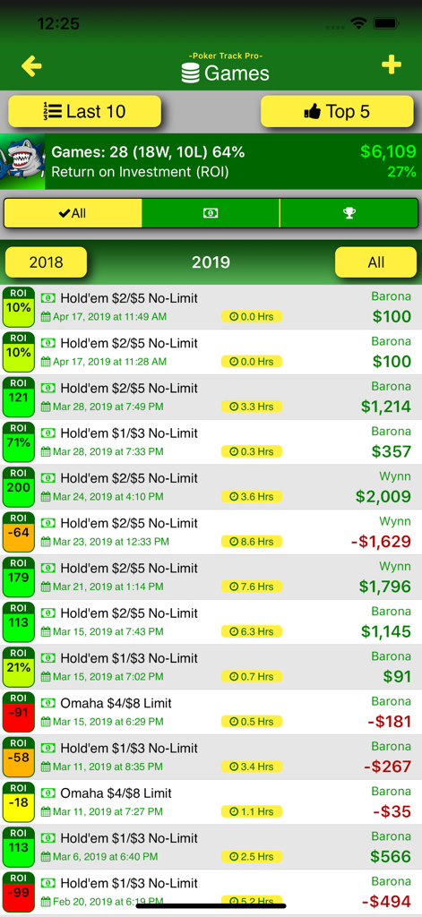 Poker Track Pro – Game Tracker - A detailed list of poker game results showing ROI and session profits within the Poker Track Pro app.