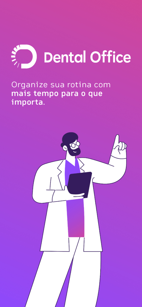 Tela de boas-vindas do aplicativo Dental Office apresentando um dentista segurando um tablet digital