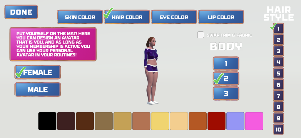 CHEER Official 3D - Interface for designing a personalized cheerleader avatar with options for skin hair and eye color