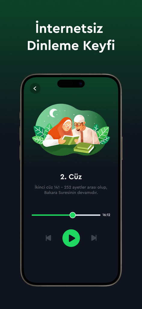 A smartphone screen displaying the audio player interface for the Quran translation app with Turkish text and religious illustrations.