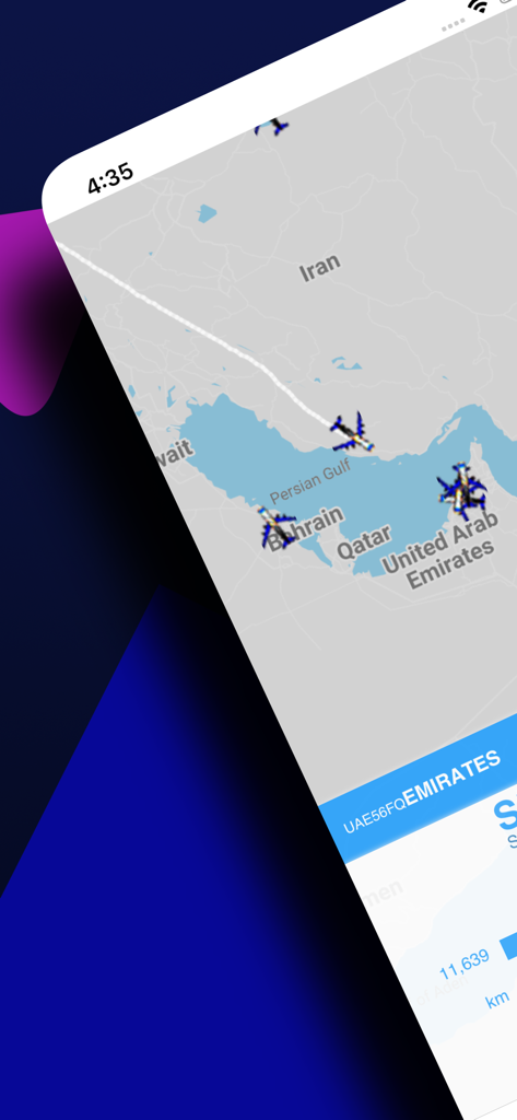 UK Flights: See live all Sky - Écran de l'application mobile montrant une carte de suivi de vol en direct avec des avions au-dessus du Moyen-Orient