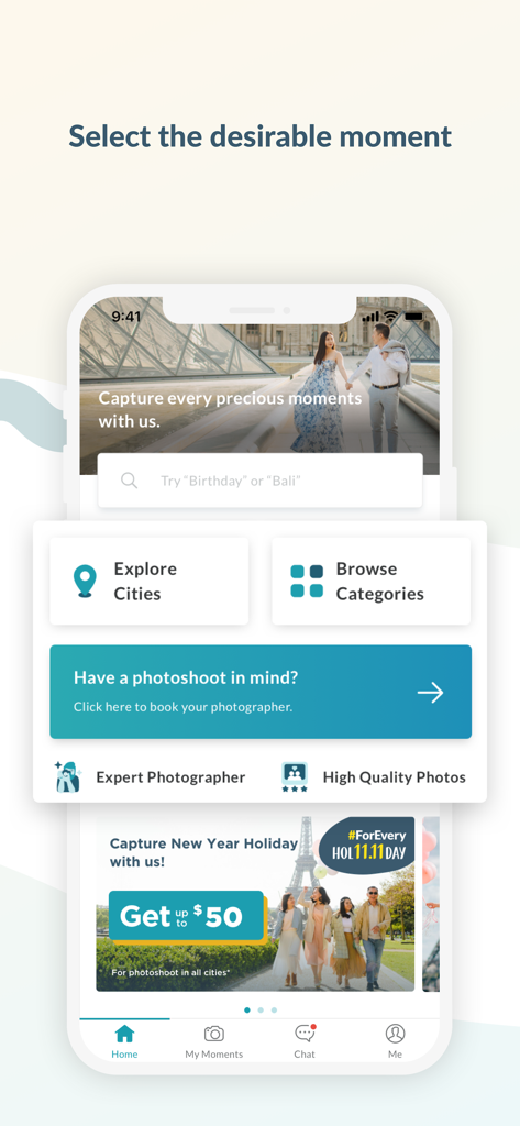 SweetEscape - SweetEscape app home screen showing options to explore cities and book professional photographers