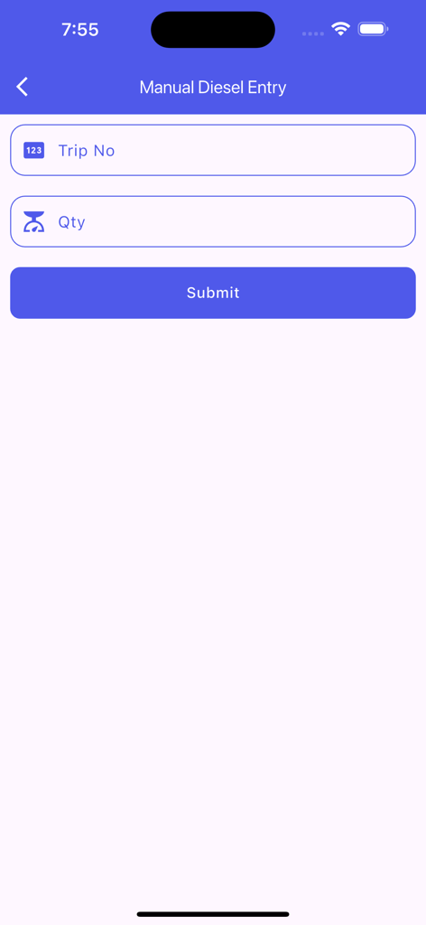 Terra Track - Pantalla de entrada manual de diésel con campos para número de viaje y cantidad para seguimiento de combustible