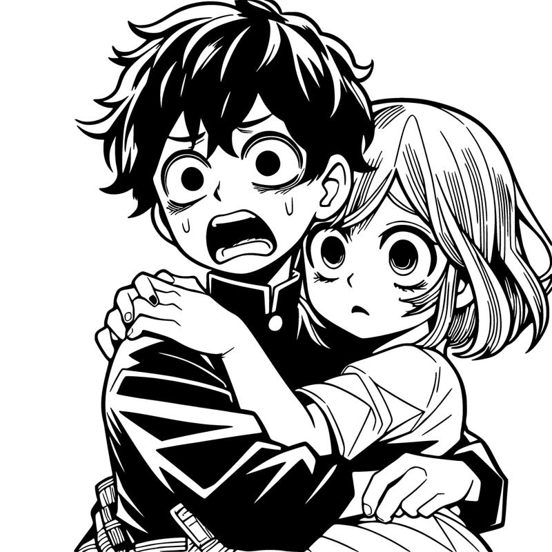 scared manga girl in a boys arms