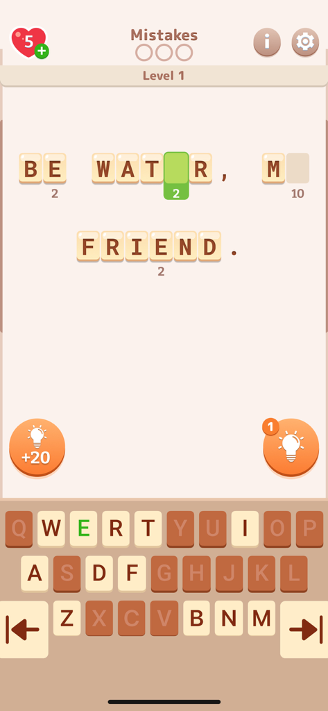 Cryptogram: Word Puzzles Games - A mobile game screen showing a cryptogram word puzzle level with the solved letters of a famous quote