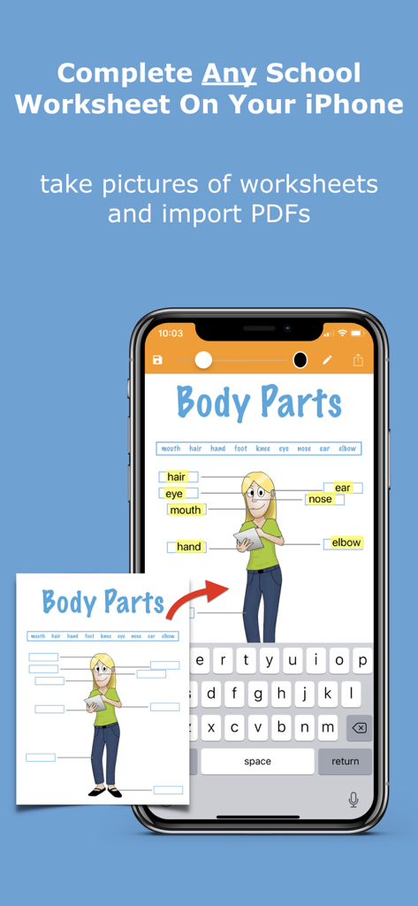SnapType Pro app on an iPhone showing a digitalized school worksheet about body parts being filled with typed text