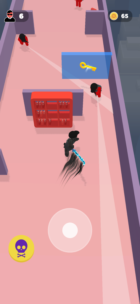 A top-down view of a character with a glowing blue sword navigating a corridor with enemies and a golden key in Super Cloner 3D.