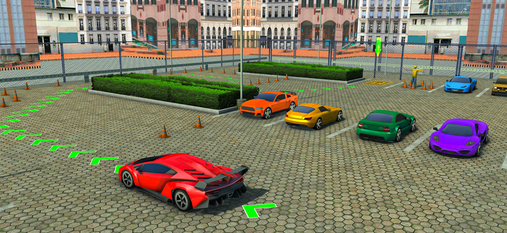 Car Parking: 3D Driving Games - Un coche deportivo rojo navegando por un aparcamiento con flechas verdes direccionales y varios coches de colores aparcados en un juego de simulación de conducción 3D.
